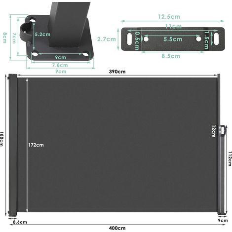 Store Latéral, Auvent Latéral Extensible,Paravent Exterieur Retractable,Brise Vue,Coupe-Vent,Imperméable,Protection Solaire,Gris (180 x 400 cm )
