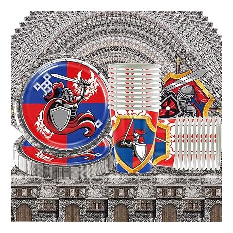 Vaisselle de fête sur le thème des chevaliers médiévaux, 61 pièces, vintage, décorations de fête d'anniversaire avec tasses, assiettes, serviettes et nappes pour 20 invités (1/5)