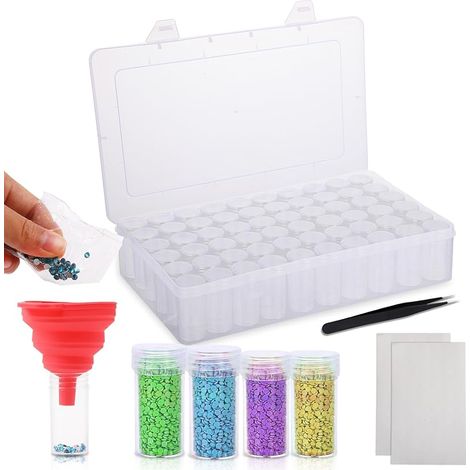 Aufbewahrungsbox für Diamantmalerei – 60 runde Kunststoffboxen mit Etiketten, Pinzette und Trichter – Zubehör für Diamantstickerei, Nagelkunst und DIY-Projekte zur übersichtlichen Aufbewahrung (1/5)