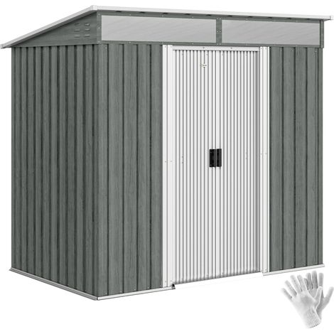 6.5 x 4FT Galvanised Metal Shed with Foundation Kit, Lockable Tool Garden Shed with Double Sliding Doors, Vents, Light Grey Wood Effect