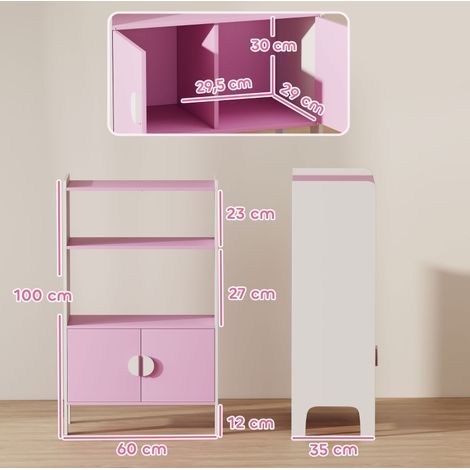 Mueble infantil 60 x 35 x 100 cm, 2 estantes, 2 armarios, rosa y blanco DESVIAE (1/4)