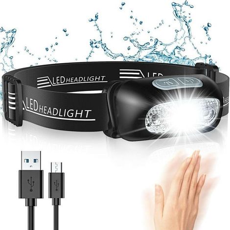 Lampe Frontale, LED Puissante avec Capteur Mouvement, IPX4 Étanche, 4 Modes d'Eclairage, Rechargeable USB (1/4)