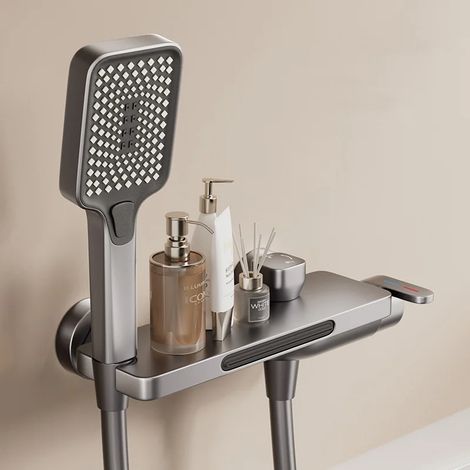Robinet de baignoire cascade (gris métallisé) avec douchette et mitigeur mural pour eau chaude et froide (1/5)