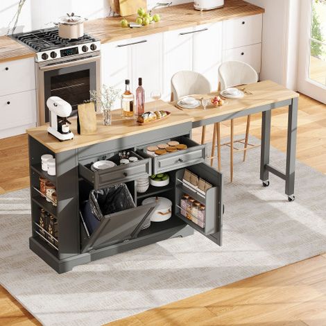 Isola cucina su ruote, isola cucina estensibile con zona pranzo, pattumiera e cassetti, isola cucina mobile indipendente, ideale per cucina e sala da pranzo (grigio) (1/5)