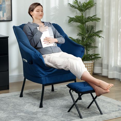 Fauteuil lounge avec repose-pieds, fauteuil relaxant avec poches latérales et pieds en acier pour salon ou chambre, bleu (1/5)