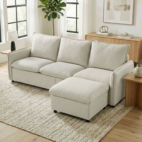 Dreisitzer-Sofa mit Stauraumhocker, modulares Ecksofa 212 cm, Federkernkissen, Leinenbezug, Creme