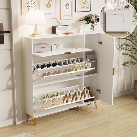 Zapatero madera, zapatero blanco, organizadores para zapatos, con espacio de almacenaje, gran capacidad, 3 niveles, blanco, 24x110x111.5 cm (1/5)