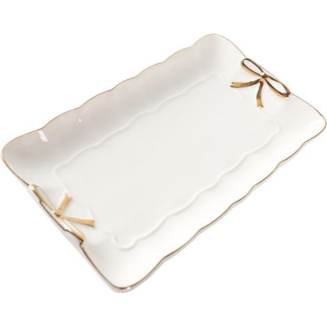 Plateau en Céramique Blanc Élégant Bordure Dorée, Plat Polyvalent pour Service de Collations et Rangement de Bijoux sur Table à Manger (1/5)