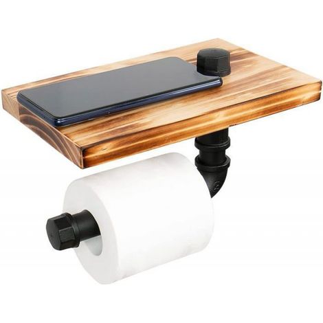 Porte-Papier Toilette - Fer Et Bois - Design Industriel - Noir - Fixation Murale Facile - 1 Pièce (1/4)