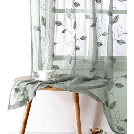 Rideaux, verts, 132 x 213 cm, 2 pièces, motif feuilles brodé, floral, rideaux voile semi-transparents (1/5)