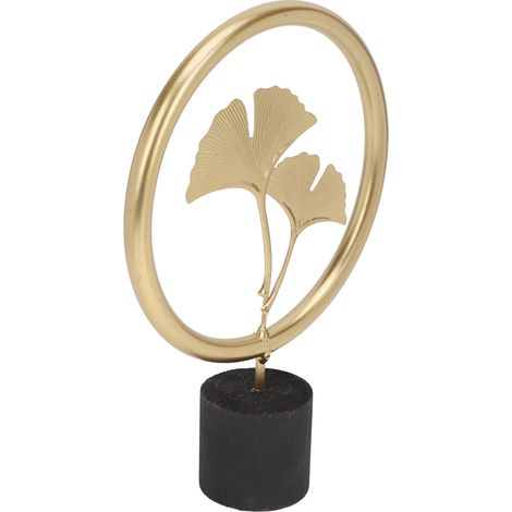 Statue Métallique Dorée Feuille de Ginkgo sur Socle Bois - Décoration Élégante pour Intérieur (1/5)