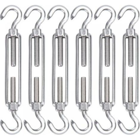 M5 Stainless Steel Wire Rope Tensioner, Pack of 6 Turnbuckle Wire Tension Hook & Eye Heavy Duty Adjustable and Hooks for Rope, Cable, Clothesline, Shade Sail Installation (1/4)