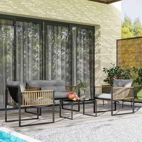 Conjunto de Jardín de 4 Piezas con Sofá Sillones y Mesa de Ratán Sintético Cojines Cómodos y Resistente a Rayos UV