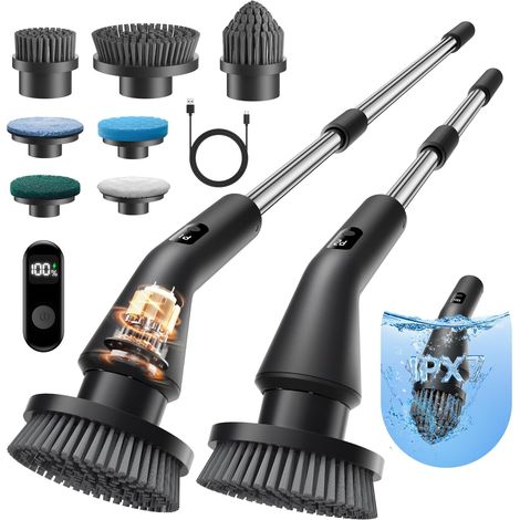 Leebein Brosse Électrique Nettoyage, 2026 Brosse Rotative Améliorée Étanche IPX7 avec 7 Têtes de Brosse, Manche Extensible et 2 Vitesses pour Salle de Bain, Sol, Cuisine et Voiture