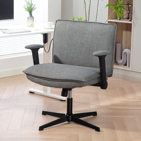 Bürostuhl mit hochklappbaren Armlehnen, breiter Schreibtischstuhl in Leinenoptik, höhenverstellbar, Stahlbasis, Grau