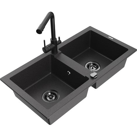 Mexen Mario évier en granit 2 bacs avec robinet de cuisine Duero, noir moucheté - 6504-76-671600-70-B (1/5)