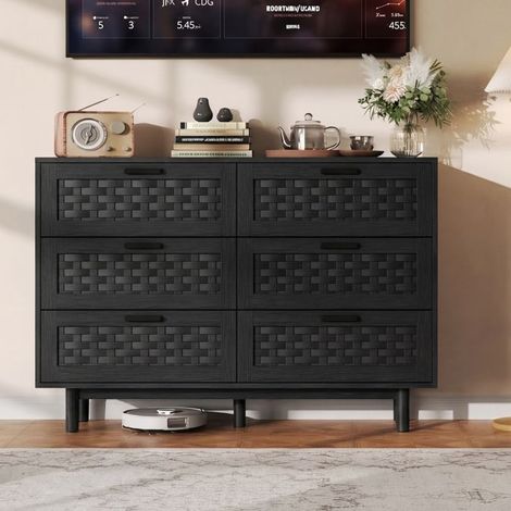 Comò in legno - 6 cassetti 115x40x80 cm - stile scandinavo - frontali in canna nera - kit anti-ribaltamento (1/5)