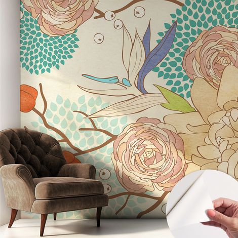 Papier peint adhésif autocollant pour salon chambre à coucher peint imprimé pour mur Fantaisie florale 250x250 cm (1/5)