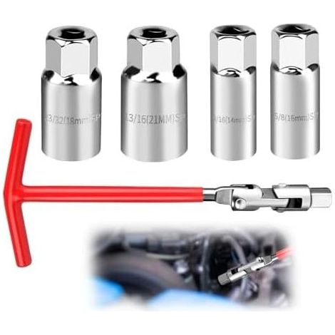 Set mit 5 universellen Zündkerzenschlüsseln mit T-Griff für die meisten Autos, Motorräder und Rasenmäher (rot, 14/16/18/21 mm) - (1/5)