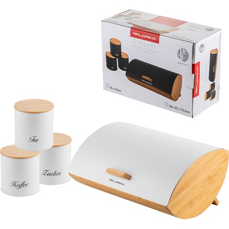 Küchenset: Brotkasten und 3 Behälter – für Kaffee, Tee und Zucker, Florina Elegant weiß