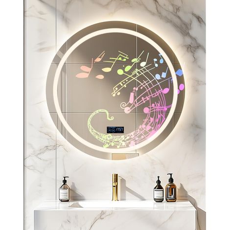 Specchio Rotondo Bagno Led con Bluetooth Orologio 80cm Retroilluminato + Frontale Luce, Antiappannamento, 3000K-6000K, Dimmerabile, Memoria (1/5)