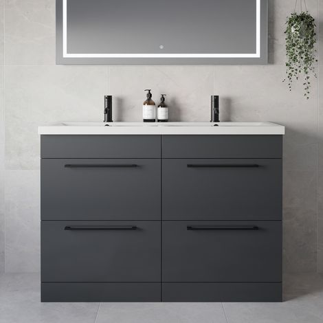 Napoli 390 Gloss Grey 1200mm 4 Drawer Vanity Unit with Double Glide Basins - 1200mm - Matt Black 320mm Handle