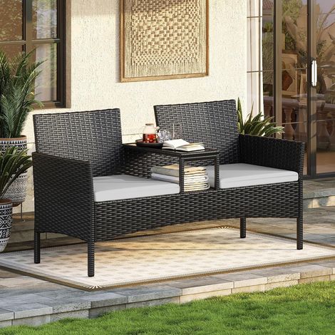 Aoxun Banc de jardin 2 places en rotin, canapé d'extérieur extra large avec table d'appoint de rangement, ensemble de mobilier de patio confortable avec coussins et housse de pluie pour jardin (1/5)