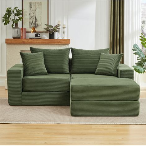 Divano modulare a 2 posti, convertibile in letto ospiti, tessuto corduroy, schiuma e molle, verde (1/5)
