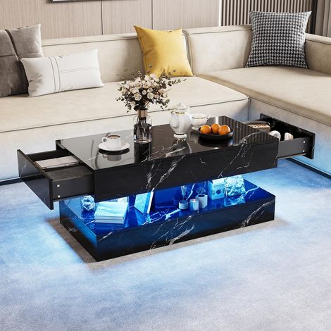 Couchtisch LED - couchtisch wohnzimmertisch 100x50x45 cm mit schubladen holz mdf moderner stil marmor-optik - Schwarz (1/5)