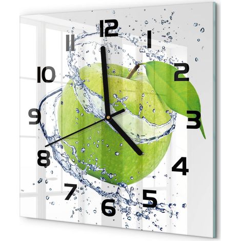 Horloge Murale Carrée Décoration Murale Verre Trempé Design Artistique Pomme verte 30x30 cm (1/5)