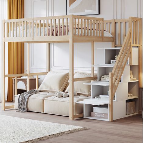 Cama alta 140x200 cm de madera natural con escalera, ahorro de espacio, sin colchón – MEUBLIV (1/5)