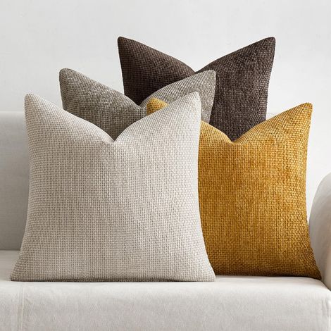 Chunky chenille throw pillowcase, cross-knit, simple solid color, soft sofa cushion cover -- 4545 -- yellow-brown tone