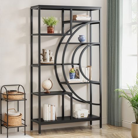 Geometrisches Bücherregal, 8-stöckiges Industrieregal, rustikales Bücherregal mit Metallrahmen für das Wohnzimmer, schwarz