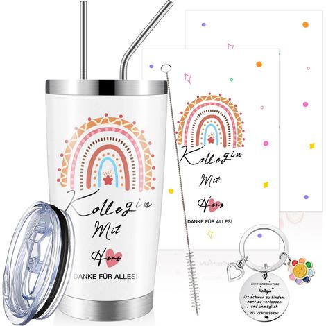 Cadeau d'adieu pour collègues, gobelet isotherme en acier inoxydable de 20 oz porte-clés pour collègues et carte de remerciement arc-en-ciel, tasse à café avec couvercle pour la retraite, (1/5)