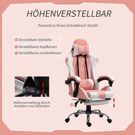 Fauteuil gaming ergonomique rose avec appui-tête, coussin lombaire massant, repose-pieds, pivotant, accoudoirs intégrés et fonction bascule (1/4)