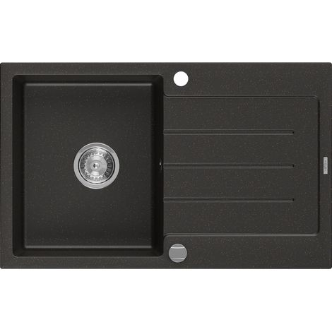 Mexen Bruno lavello in granito 1-vasca con scola piatti 795 x 495 mm, nero/oro metallizzato, sifone cromato- 6513791010-75 (1/5)