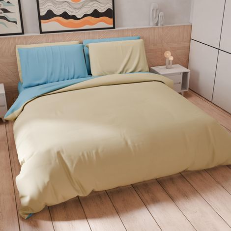 Parure de lit 2 Places 260 x 240 cm 2 taies d'oreiller 50 x 80 cm avec Housse de Couette Douce en Microfibre Couleur Unie Taupe - Bleu Clair (1/5)