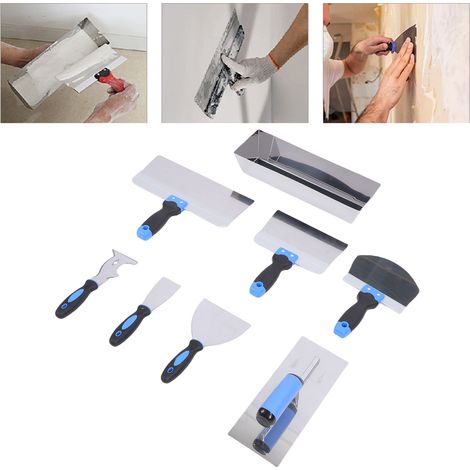 Ensemble de spatules à plâtre en acier inoxydable, grattoir, pelle, truelle à plâtrer, bac à enduit de 35,5 cm (14 pouces) pour la pose de bandes à joints et l'application de peinture. (1/5)