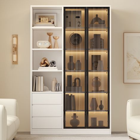 Vitrine buffet haut 100x35x160cm meuble de salon vaisselier avec éclairage led et 2 portes en verre trempé 3 tiroirs et étagères réglables style moderne mdf blanc (1/5)