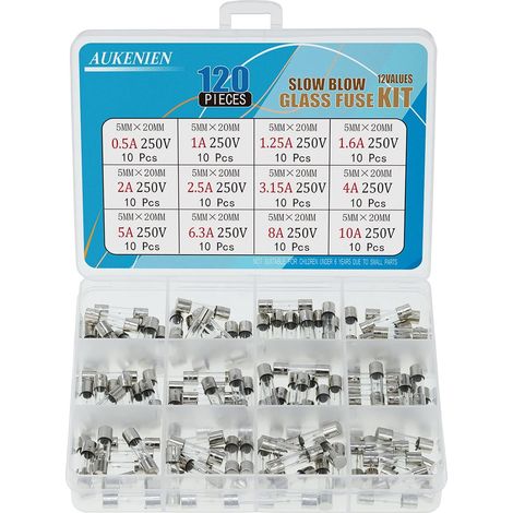 12 Values 120 Pieces 250V Slow Acting Glass Fuses T 0.5A 1A 1.25A 1.6A 2A 2.5A 3.15A 4A 5A 6.3A 8A 10A 250V 5x20mm 0.2x0.78inch Assortment Kit House Fuses (1/5)
