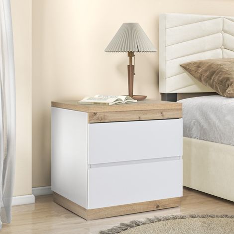 Mesa de noche con dos cajones para dormitorio, en blanco + roble, 55x40x55 cm (1/5)