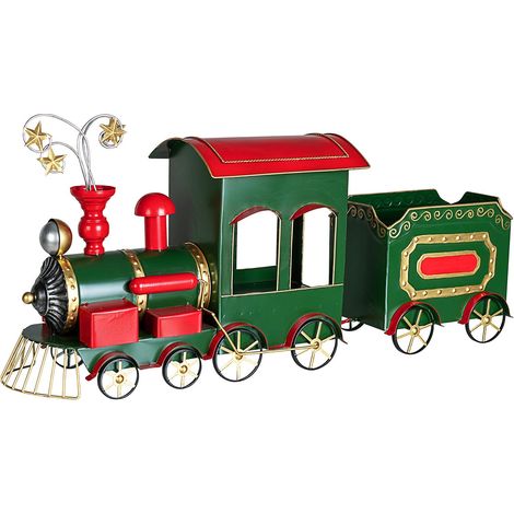 Trenino Vintage Verde con vagone in latta decorazione natalizia 86 cm