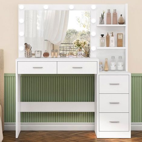 Friseurin - Modell Groß 110x40x137cm - 3 Schubladen - LED-Beleuchtung 3 Farben - Weißes MDF, skandinavischer Stil (1/5)