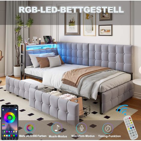 MODFU – Canapé-lit enfant 90x200 cm tissu – LED multicolore, USB-C et 2 tiroirs – Structure métal et 12 lattes – Gris (1/5)
