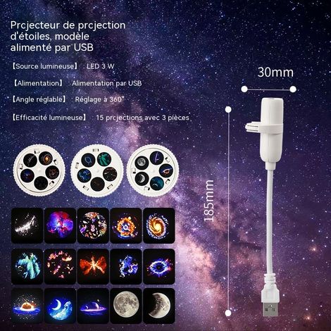 Projecteur de galaxie USB 5V, veilleuse LED décorative 360° réglable, 3 disques avec 15 motifs, lot de 2, pour voiture, chambre et ambiance lumineuse (1/4)