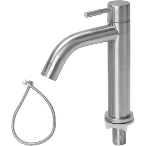 Robinet Eau Froide Acier Inoxydable, Robinet Eau Froide Lave Main avec Tuyau, Mitigeur Lavabo, Robinet Baignoire pour WC Invités, Salle Bain, Installation Facile (Sortie Courbe)