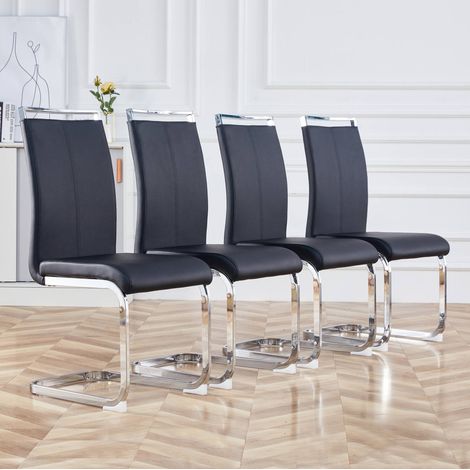 Lot de 4 chaises de salle à manger en cuir régénéré noir, structure en métal chromé, dossier haut rembourré avec poignée, assise ergonomique FLORAGRACE (1/5)