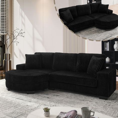 Divano angolare a L – divano a 4 posti, 256,5 x 133,5 x 89 cm, velluto a coste classico, design modulare con pouf ovale, 2 cuscini inclusi, ideale per soggiorni, appartamenti e uffici, nero (1/5)