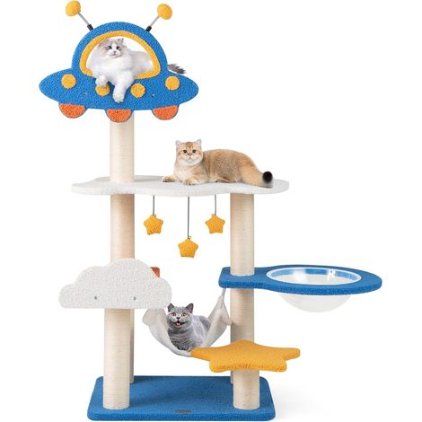 GOPLUS Arbre à Chat Design Univers Cosmique, Plateforme en Forme de Soucoupe Volante et Nid en Forme de Fusée, Griffoir avec 2 Balles à Ressort, Arbre pour Chats avec Colonnes en Sisal (124cm) (1/5)