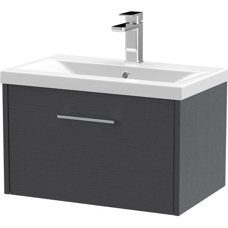 Winshill Contemporary 1 Drawer Wall Hung Vanity Unit with Mid-Edge Basin, Woodgrain Dark Grey, 600mm (1/4)